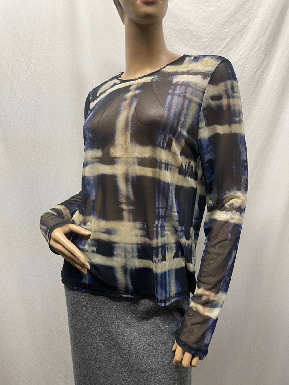 RM Rebecca Minkoff Women's Blue & Cream Sheer Patterned Long-Sleeve Top